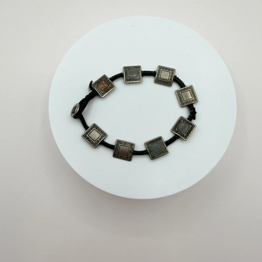 VTG Y2K Silver Tone Square Greek Key‎ Panel Bracelet Black Cord Women's Jewelry